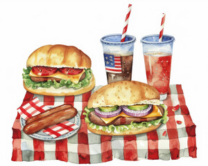 Picnic with Burgers, Hot Dogs, and Soda