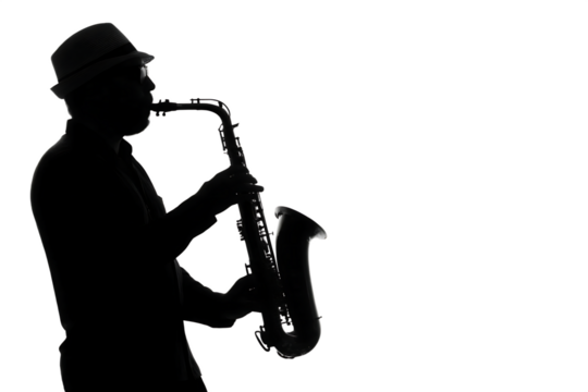 Saxophonist silhouette playing saxophone isolated on a white background png ai generated