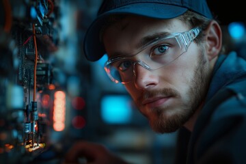 Young Male Engineer Focused on Electronics Maintenance in Modern Workshop Skilled Technician with Gadgets and Circuit Systems
