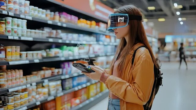 A woman in a supermarket aisle wearing vr goggles and holding a scanner device near shelves food
