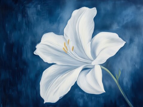 White Lily Flower On Deep Blue Textured Artistic Background

