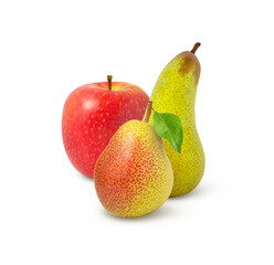Fruit mix of red apple and conference pear and red pear with leaf isolated.