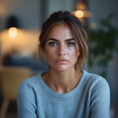 Serene Portrait of Elegantly Stylish Woman in Cozy Modern Home with Soft Natural Light