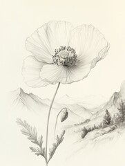 Fototapeta premium Delicate poppy flower with mountain landscape pencil drawing art 