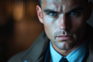 Male Model Portrait. Serious Urban Expression with Blue Eyes in Dramatic Lighting