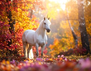 Majestic white unicorn in autumn forest (2)