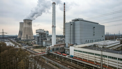 Obraz premium Industrial power plant complex with cooling towers smokestacks and railway infrastructure aerial view energy production facility