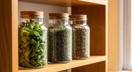 Three glass jars with cork lids filled with herbs and grains sitting on a wooden shelf illuminated by sunlight creating a warm atmosphere.