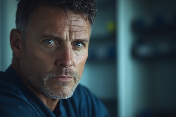 Intense Portrait of Middle-Aged Man with Blue Eyes and Facial Hair in Studio Gritty and Emotional Photography