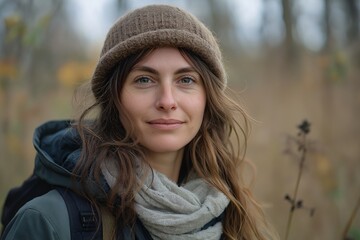 Happy Woman Enjoying an Autumn Hiking Adventure in Nature with Scenic Forest Backdrop
