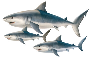 Naklejka premium Three great white sharks swimming isolated on a white background