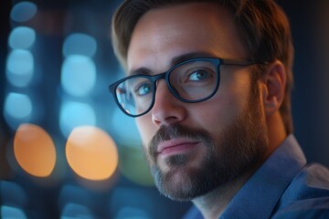 Handsome Young Adult Male Model with Glasses and Beard in Thoughtful Business Setting - Focus on Eyes in Indoor Urban Office Workspace