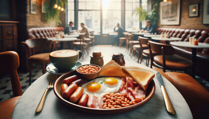 Full English Breakfast in Cozy Rustic Cafe Interior