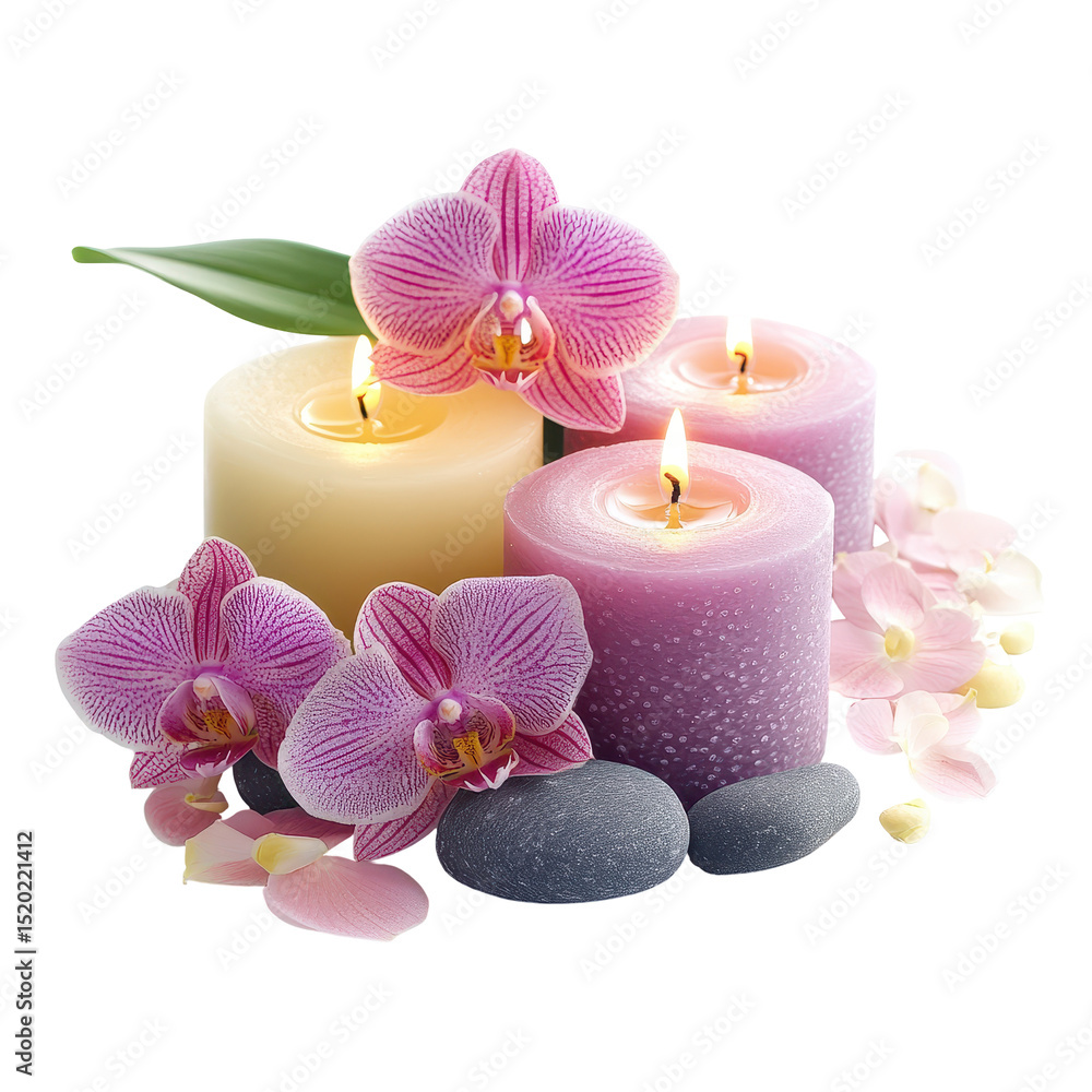 Poster beautiful candles with orchids and stones create a serene atmosphere for relaxation and peace in a t