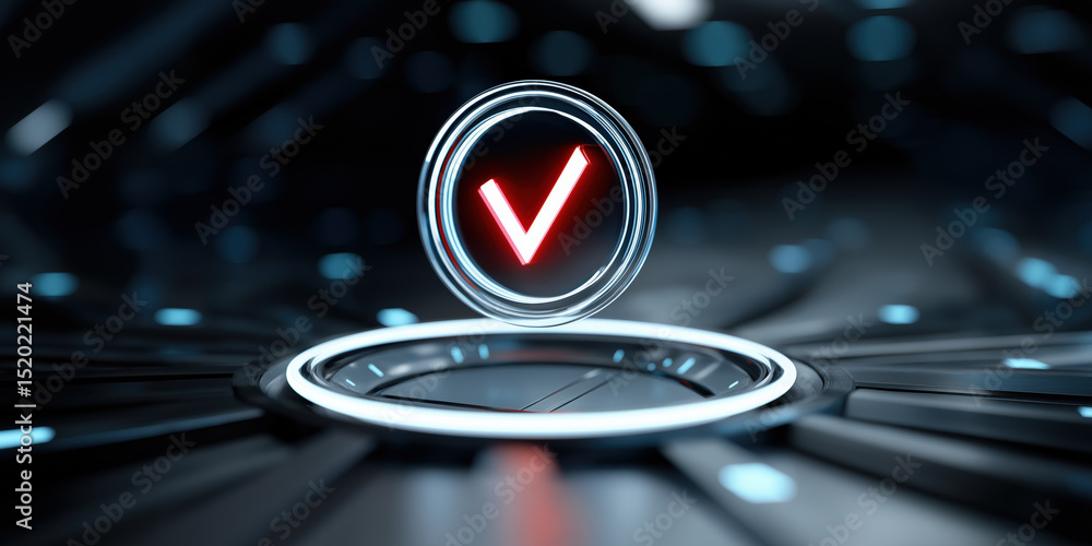 Poster a glowing red check mark is hovering over a dark blue background. the check mark is surrounded by a 