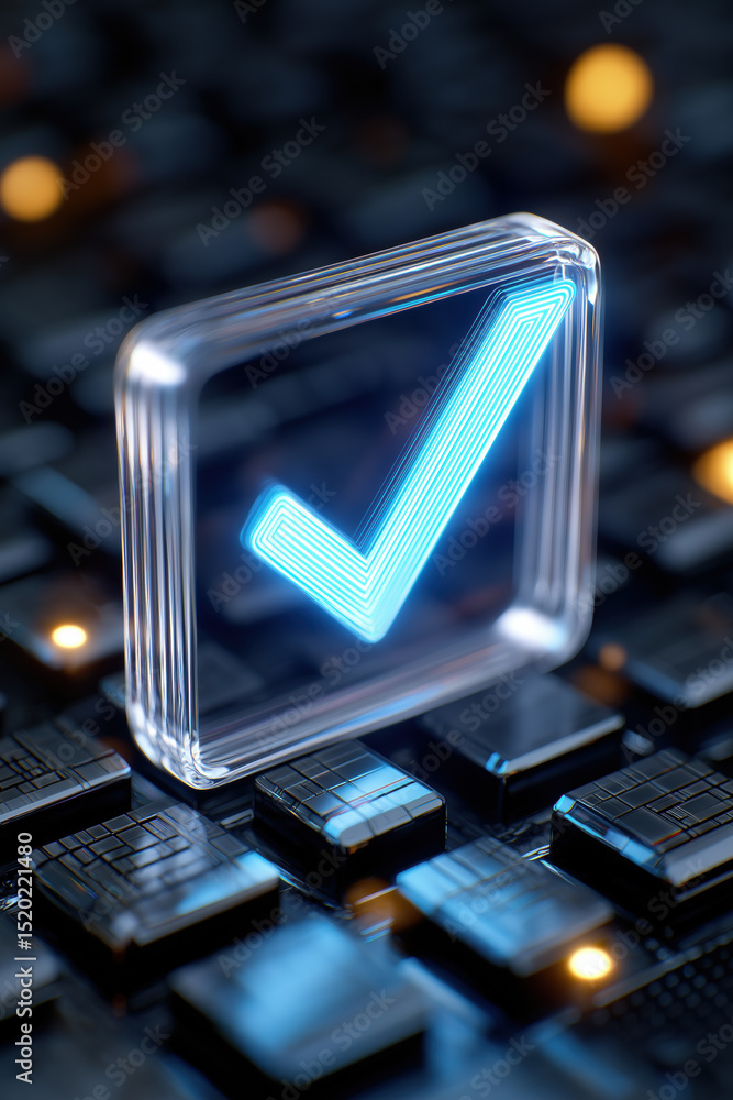 Poster a blue check mark is lit up on a black surface. the check mark is surrounded by a clear square, whic