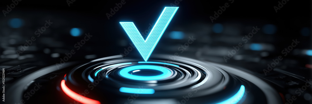 Poster a blue and red circle with a v in the middle. the circle is surrounded by a blue and red border
