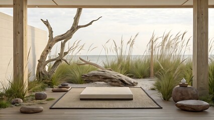 Naklejka na ściany i meble Serene coastal zen garden with natural elements and ocean view for relaxation