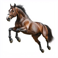 Stunning Brown Horse Leaping with Grace in Vibrant Grassland. Equestrian Photography Showcasing Power, Vitality, and Purebred Beauty