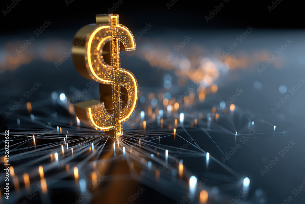 Poster a dollar sign is lit up in a dark background. the dollar sign is surrounded by a web of lines and do