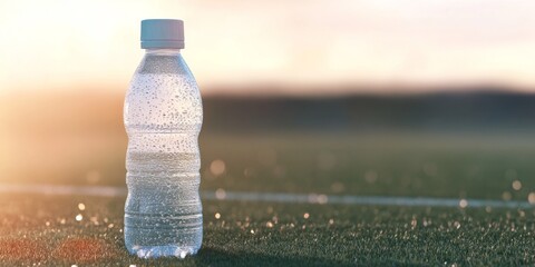 Refreshing cold water bottle outdoors with dew on green grass
