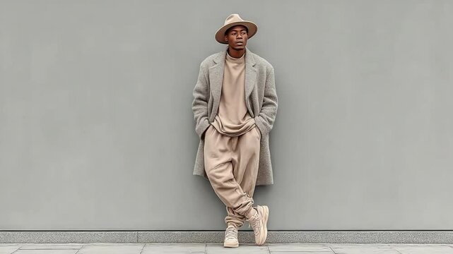Stylish man posing in a beige outfit and coat against a gray wall urban fashion