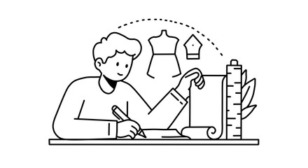 Fashion Designer Sketching New Dress Design at Desk with Transparent Background