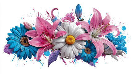 A colorful floral arrangement with lilies daisies and gerberas against a white background with paint splatters