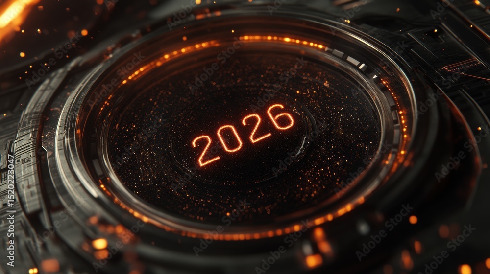 Poster digital representation showcasing the year 2026 with futuristic design elements