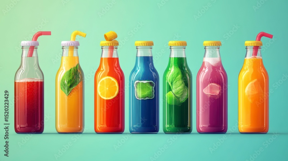 Poster seven colorful bottles of juice with straws and fruit slices.