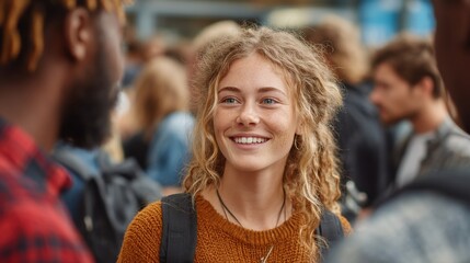 Fototapeta premium Academic setting with diverse college students standing in groups, talking