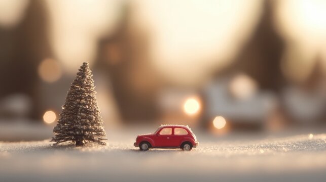 Red toy car parked beside a snow-covered miniature tree at sunset