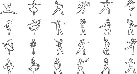 Dance line icon set. Vector pictograms of various people dancing styles - ballet, salsa, hip-hop, traditional folk, tango, jazz, samba, flamenco, disco freestyle thin linear illustration
