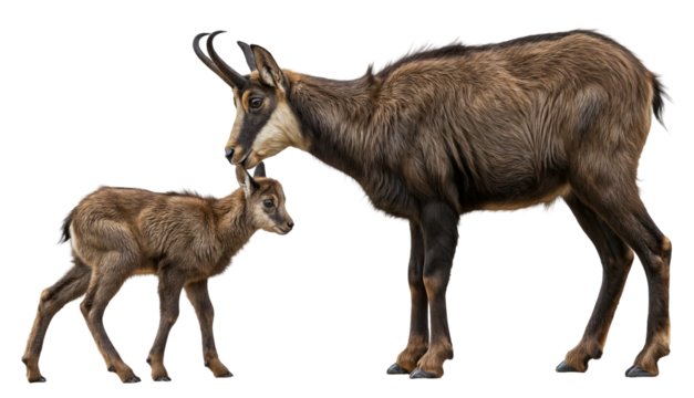 A loving wild chamois (Rupicapra rupicapra) mother with her baby chamois