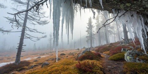 erted tundra: a frozen forest hanging from the sky, root-icicles dripping vapor, ground covered in warm mosses, creatures walking upside-down on ceiling