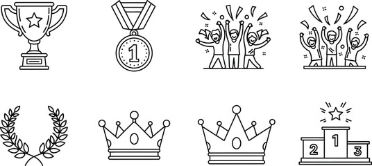 Victory, achievement line icon set. Vector pictograms of trophy, first place medal, celebration, laurel wreath, crown, and winner podium thin linear illustration, in black and white design.
