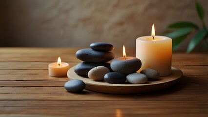 Velas encendidas y piedras de spa sobre madera en ambiente relajante