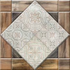 Grunge concrete wall with ornaments and prints. Colorful ceramic wall tiles decoration. Abstract damask patchwork background
