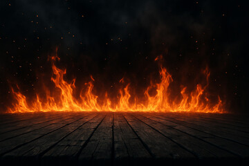Fototapeta premium Flames burning on wooden floor with dark background and sparks