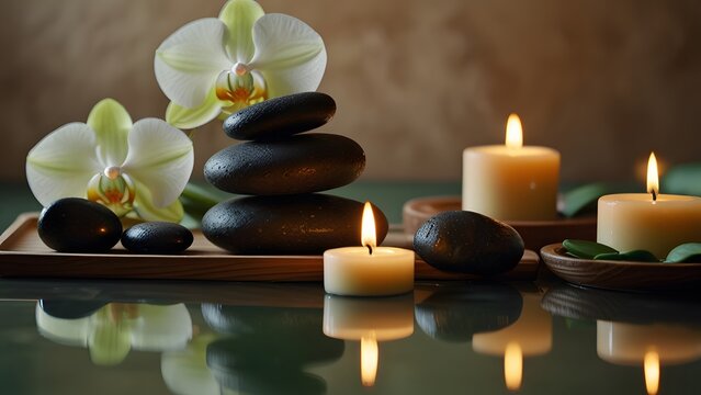 Composici&oacute;n de spa con velas encendidas, piedras de masaje y orqu&iacute;deas blancas