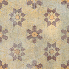 Colorful ceramic wall tiles decoration. Abstract damask patchwork pattern with geometric and floral ornaments, Vintage tiles intricate details