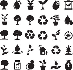 Collection of ecological and environmental icons depicting nature recycling and conservation themes