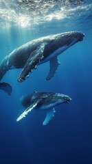 Fototapeta premium Majestic whales glide through sunlit ocean depths together