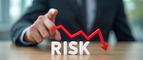 Person Pointing Diminishing Arrow Over The Risk, businessman with down of 3D arrow risky graph. Finance portfolio strategy of investment with market analysis, sales profit and best capital management