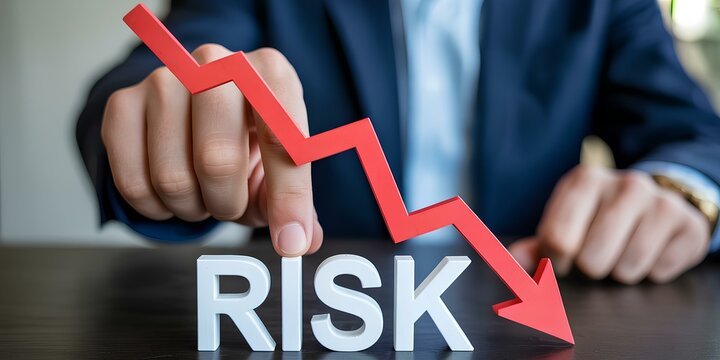 Person Pointing Diminishing Arrow Over The Risk, businessman with down of 3D arrow risky graph. Finance portfolio strategy of investment with market analysis, sales profit and best return capital.