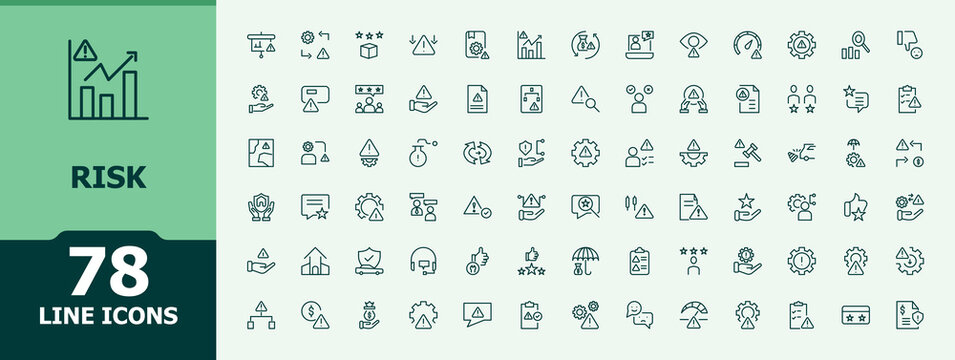Risk line icon set. Minimalist icons pack. Pictograms of crisis, hazard, safety, protection, strategy. Pictogram and infographic. Awareness related icon set.