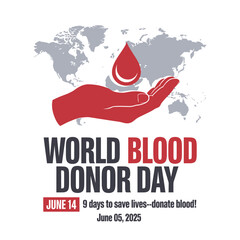 Blood donation awareness template showcasing a hand holding drop message over world map background