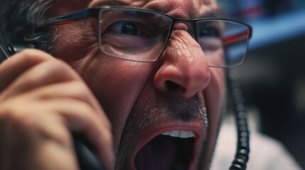 Stock Market Crash Intense man shouting on the phone, conveying strong emotions in a high-stress environment.