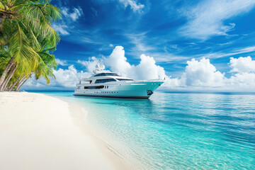 Obraz premium Luxury yacht anchored near a tropical beach with palm trees and turquoise waters