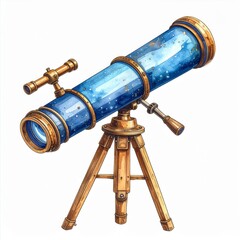 Vintage Blue and Gold Telescope on Wooden Tripod
